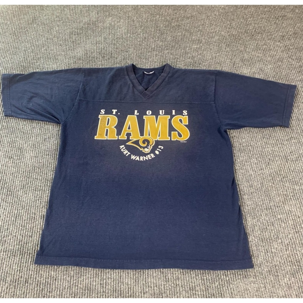 VTG St Louis Rams T Shirt Mens Large Blue V Neck Kurt Warner 13 Y2K NFL Football